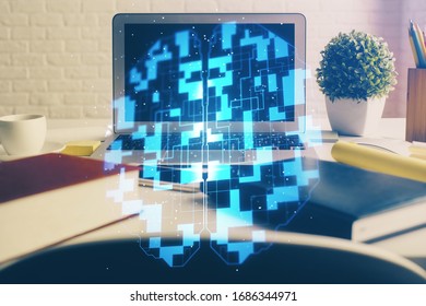 Multi exposure of desktop with personal computer and tech theme drawing. Concept of Bigdata.