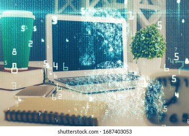 Multi exposure of desktop with personal computer and tech theme drawing. Concept of Bigdata.