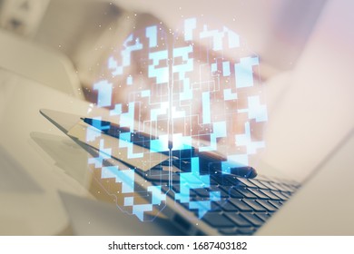 Multi exposure of desktop with personal computer and tech theme drawing. Concept of Bigdata.