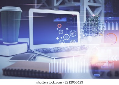 Multi exposure of desktop with personal computer and tech theme drawing. Concept of Bigdata.