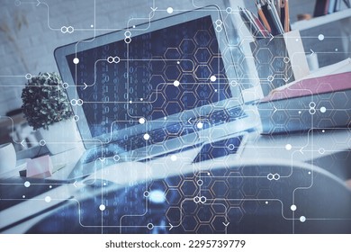 Multi exposure of desktop with personal computer and tech theme drawing. Concept of Bigdata.