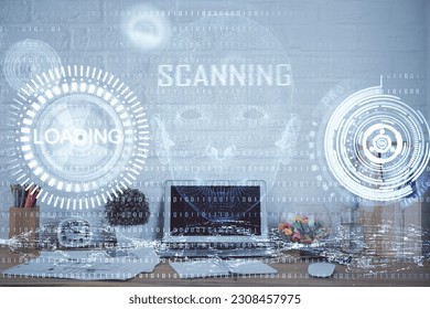 Multi exposure of desktop with personal computer and tech theme drawing. Concept of Bigdata.