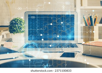 Multi exposure of desktop with personal computer and tech theme drawing. Concept of Bigdata.