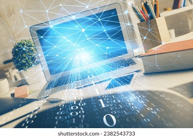 Multi exposure of desktop with personal computer and tech theme drawing. Concept of Bigdata.