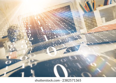 Multi exposure of desktop with personal computer and tech theme drawing. Concept of Bigdata.