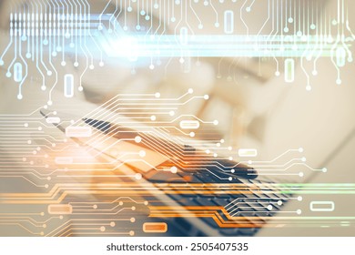 Multi exposure of desktop with personal computer and tech theme drawing. Concept of Bigdata.