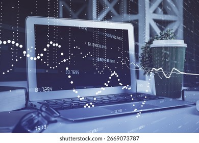 Multi exposure of desktop with personal computer and tech theme drawing. Concept of Bigdata.