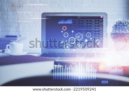 Multi exposure of desktop with personal computer and tech theme drawing. Concept of Bigdata.