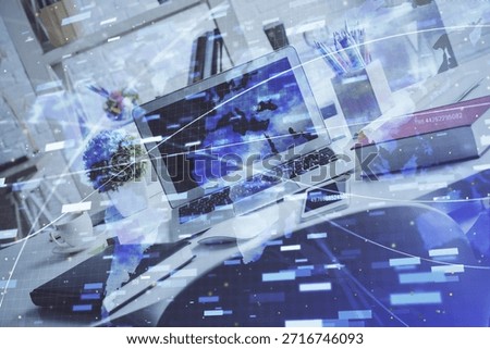 Multi exposure of desktop with personal computer and tech theme drawing. Concept of Bigdata.