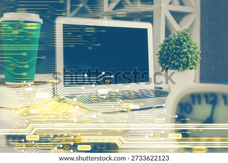 Multi exposure of desktop with personal computer and tech theme drawing. Concept of Bigdata.