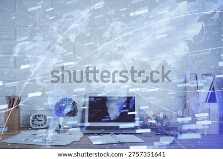 Multi exposure of desktop with personal computer and tech theme drawing. Concept of Bigdata.