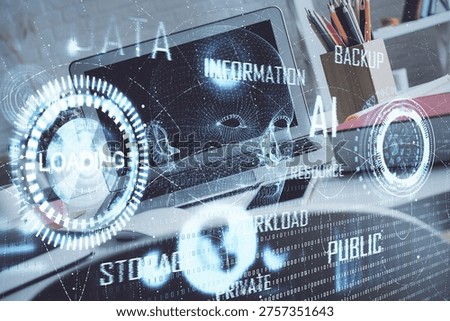 Multi exposure of desktop with personal computer and tech theme drawing. Concept of Bigdata.