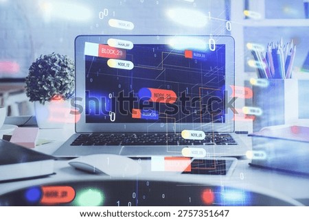 Multi exposure of desktop with personal computer and tech theme drawing. Concept of Bigdata.