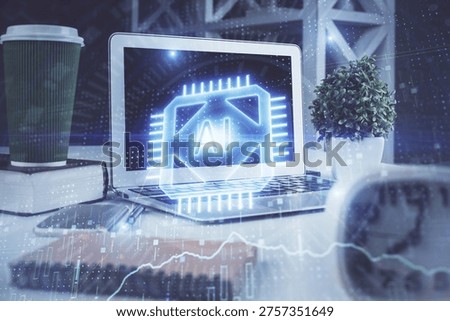 Multi exposure of desktop with personal computer and tech theme drawing. Concept of Bigdata.