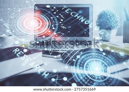 Multi exposure of desktop with personal computer and tech theme drawing. Concept of Bigdata.