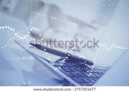 Multi exposure of desktop with personal computer and tech theme drawing. Concept of Bigdata.