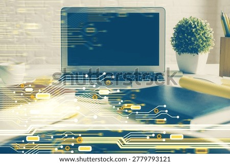 Multi exposure of desktop with personal computer and tech theme drawing. Concept of Bigdata.
