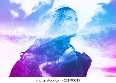 Multi Exposure Effect Of Half Transparent Woman's Portrait Overlaying The Mountain Landscape