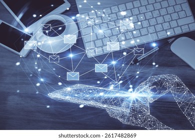 Multi exposure of envelop technology theme drawing over table with phone. Top view. Concept of electronic mail.