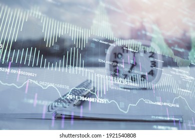 Multi exposure of financial graph drawings and desk with open notebook background. Concept of forex
