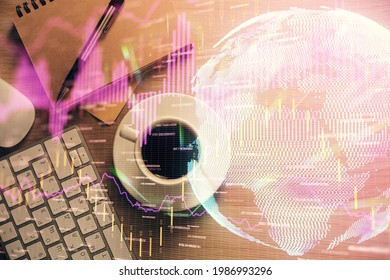Multi exposure of forex chart drawing and work table top veiw. Concept of financial analysis.