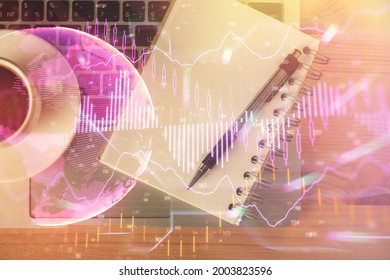 Multi exposure of forex chart drawing and work table top veiw. Concept of financial analysis.