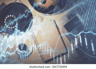 Multi exposure of forex chart drawing and work table top veiw. Concept of financial analysis.