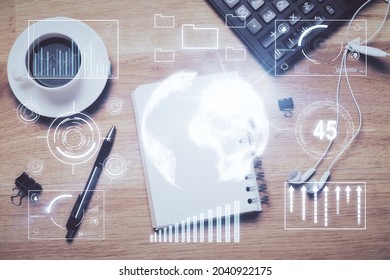Multi exposure of forex chart drawing and work table top veiw. Concept of financial analysis.