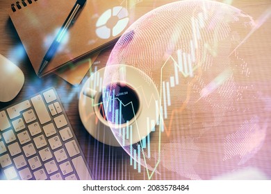 Multi exposure of forex chart drawing and work table top veiw. Concept of financial analysis.