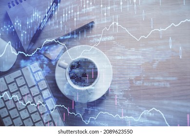 Multi exposure of forex chart drawing and work table top veiw. Concept of financial analysis. - Shutterstock ID 2089623550