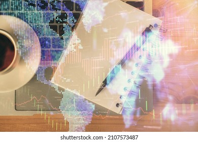 Multi exposure of forex chart drawing and work table top veiw. Concept of financial analysis.