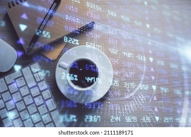 Multi exposure of forex chart drawing and work table top veiw. Concept of financial analysis.