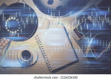 Multi exposure of forex chart drawing and work table top veiw. Concept of financial analysis.