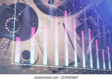 Multi exposure of forex chart drawing and work table top veiw. Concept of financial analysis.