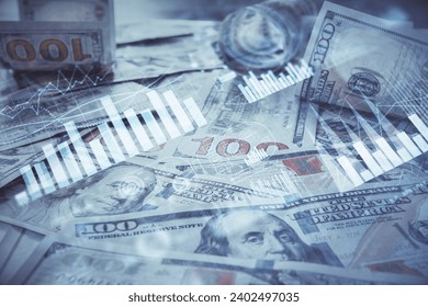 Multi exposure of forex chart drawing over us dollars bill background. Concept of financial success markets.