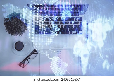 Multi exposure of forex chart drawing over table background with computer. Concept of financial research and analysis. Top view.
