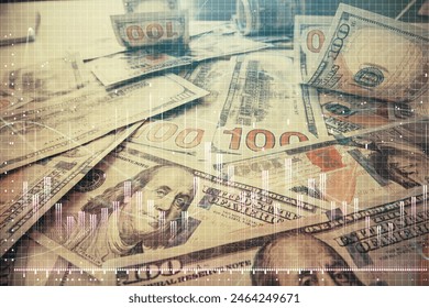 Multi exposure of forex chart drawing over us dollars bill background. Concept of financial success markets.
