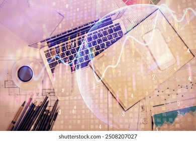 Multi exposure of forex chart drawing over table background with computer. Concept of financial research and analysis. Top view.