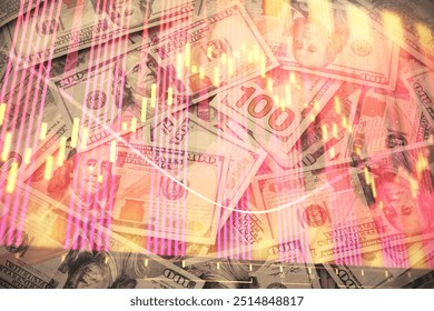 Multi exposure of forex chart drawing over us dollars bill background. Concept of financial success markets.