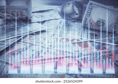 Multi exposure of forex chart drawing over us dollars bill background. Concept of financial success markets.