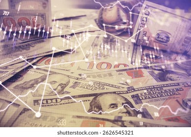 Multi exposure of forex chart drawing over us dollars bill background. Concept of financial success markets.