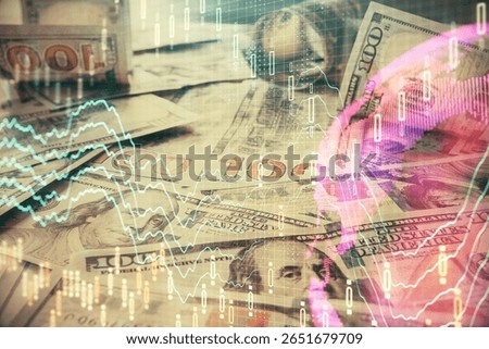 Multi exposure of forex chart drawing over us dollars bill background. Concept of financial success markets.
