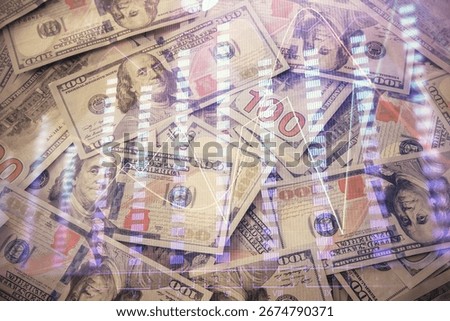 Multi exposure of forex chart drawing over us dollars bill background. Concept of financial success markets.