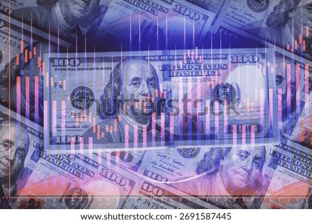 Multi exposure of forex chart drawing over us dollars bill background. Concept of financial success markets.
