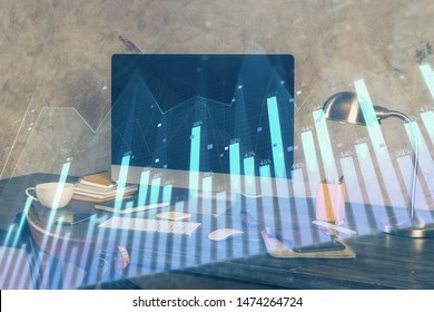 Multi exposure of forex chart and work space with computer. Concept of international online trading.