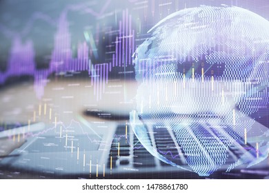 Multi exposure of forex chart and work space with computer. Concept of international online trading.