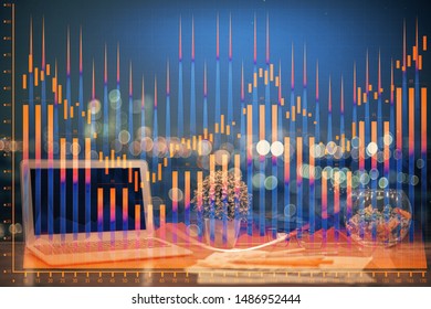Multi exposure of forex chart and work space with computer. Concept of international online trading.