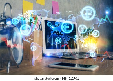 Multi exposure of forex chart and work space with computer. Concept of international online trading.