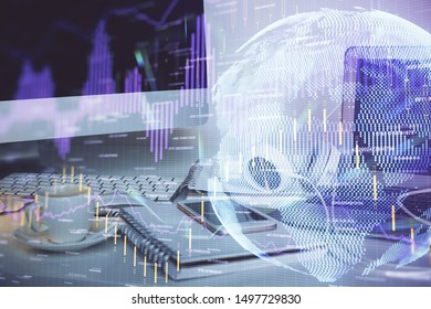 Multi exposure of forex chart and work space with computer. Concept of international online trading.