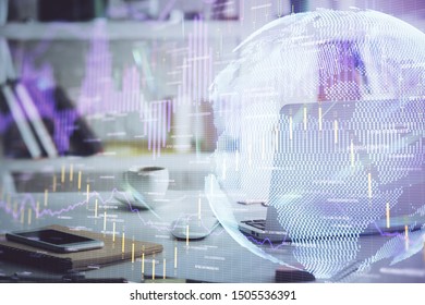 Multi exposure of forex chart and work space with computer. Concept of international online trading.